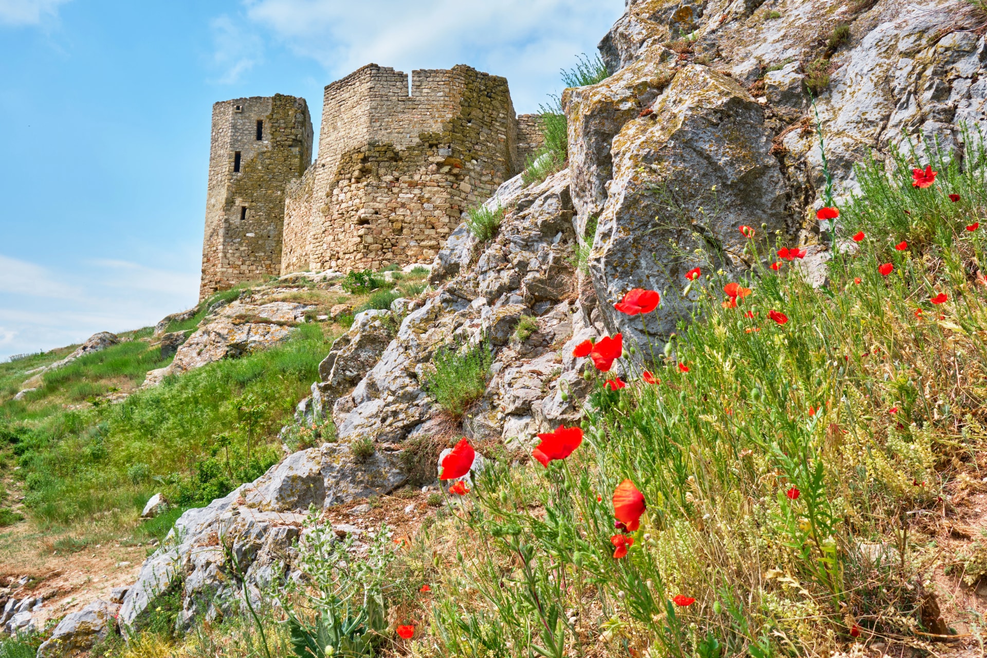 Ruins of the Enisala fortress sitting high on a hill overlooking Lake Razim